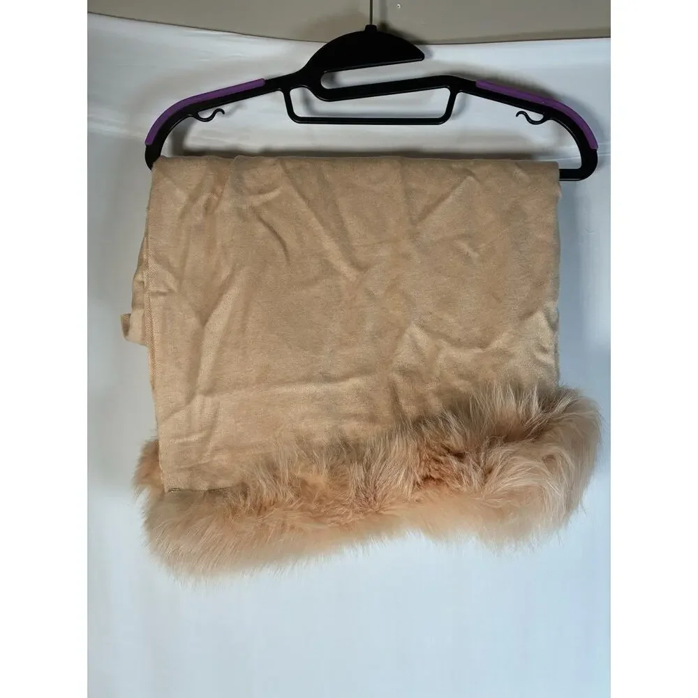 Samaya by Janavi Pashmina Silk Shawl Fox Fur Trim Cream Wrap Stole Old Money